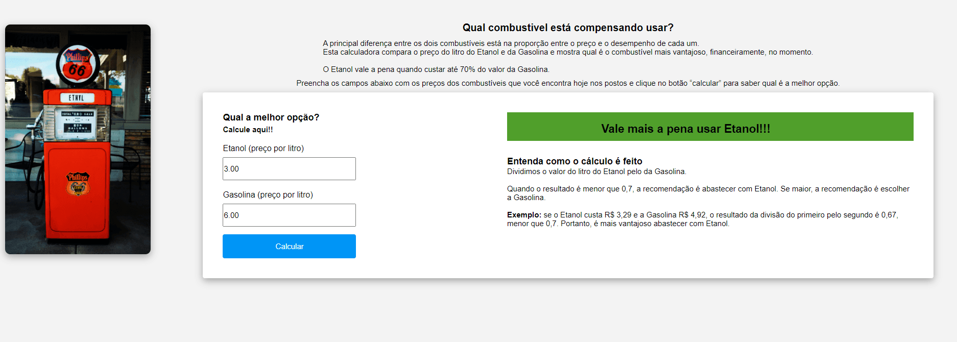 Imagem de um site de paridade de combustível